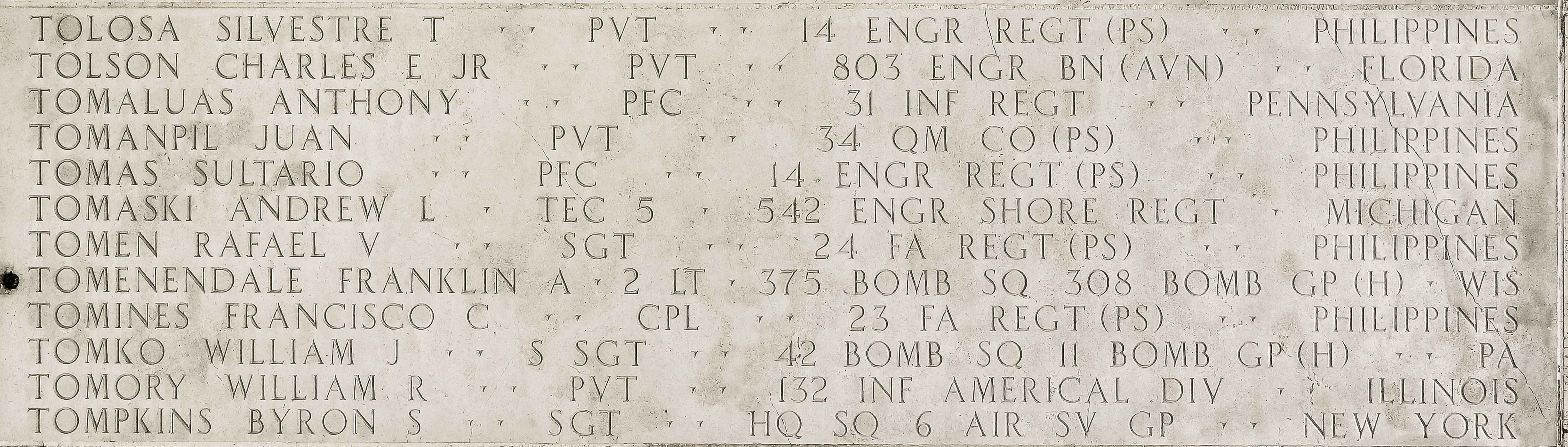 Franklin A. Tomenendale, Second Lieutenant